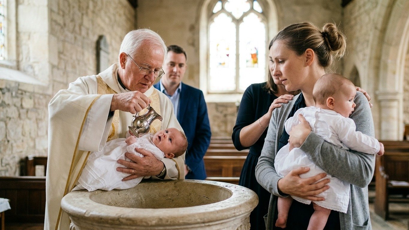 Cena de batismo. O rito religioso rendeu hist&oacute;ria inusitada ap&oacute;s pais de g&ecirc;meos se confundirem com os beb&ecirc;s na pia batismal. -  (crédito: Imagem ilustrativa gerada por IA)