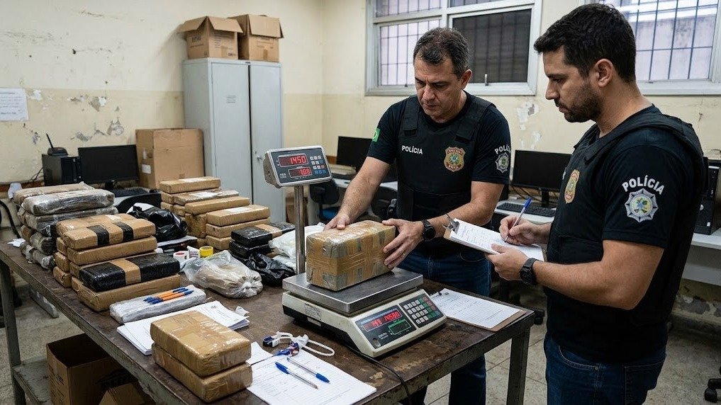 Policiais em opera&ccedil;&atilde;o de pesagem de material apreendido, procedimento que pode ser questionado judicialmente por falhas t&eacute;cnicas. -  (crédito: Imagem Ilustrativa de IA)
