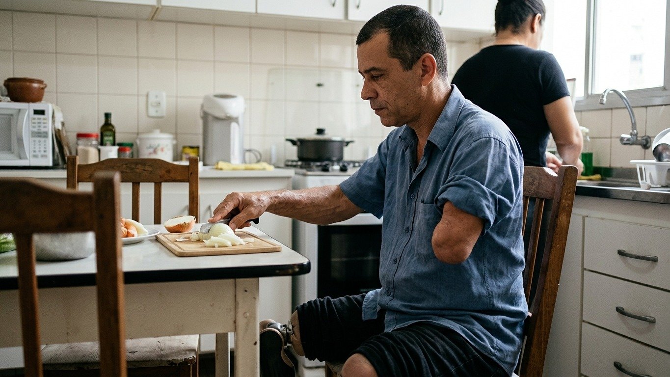 A rotina de um homem com amputa&ccedil;&otilde;es na cozinha ilustra a capacidade de supera&ccedil;&atilde;o, tema central da hist&oacute;ria de Jos&eacute; Mart&iacute;nez -  (crédito: Imagem ilustrativa gerada por IA)