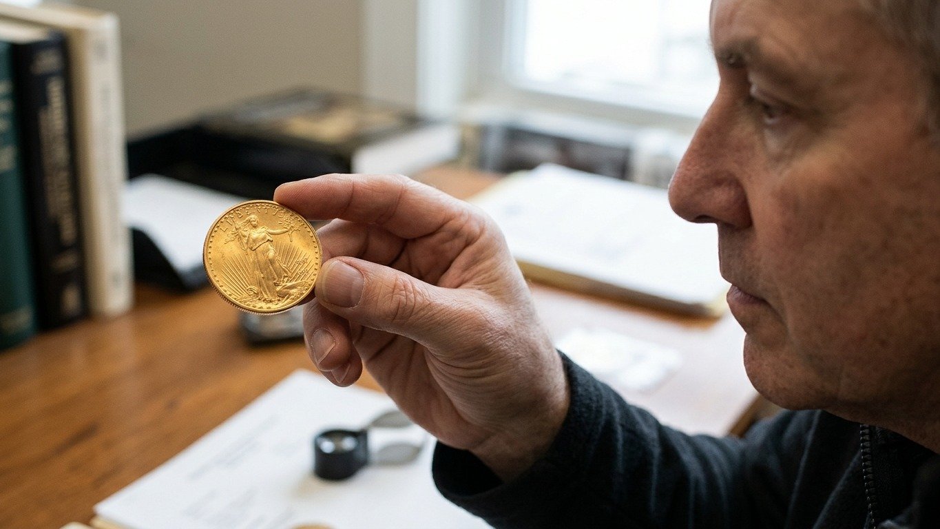 Homem examina uma moeda American Gold Eagle, similar ao achado valioso em brech&oacute; relatado na mat&eacute;ria. -  (crédito: Imagem ilustrativa gerada por IA)