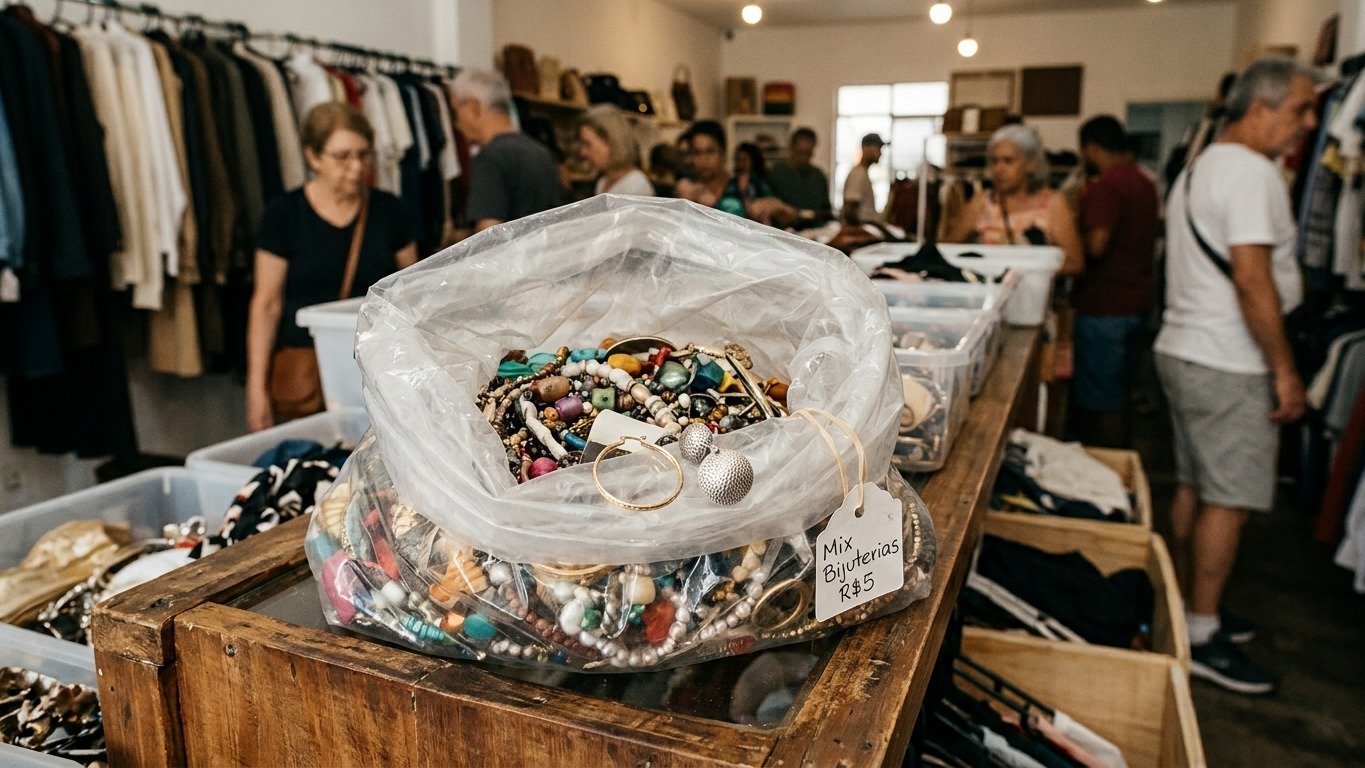 Em brech&oacute;s, sacolas de bijuterias mistas, como esta por R$5, podem revelar achados valiosos e tesouros escondidos. -  (crédito: Imagem ilustrativa gerada por IA)