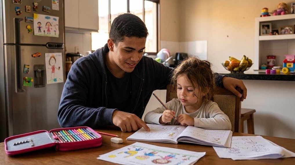 Apoiar irm&atilde;os mais novos em tarefas cotidianas, como os estudos, &eacute; uma das din&acirc;micas que podem levar &agrave; parentaliza&ccedil;&atilde;o -  (crédito: Imagem Ilustrativa de IA)