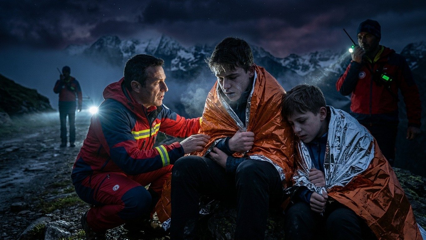 Equipe de socorristas presta primeiros socorros a irm&atilde;os resgatados com hipotermia nas Dolomitas italianas, como detalhado na mat&eacute;ria -  (crédito: Imagem ilustrativa gerada por IA)
