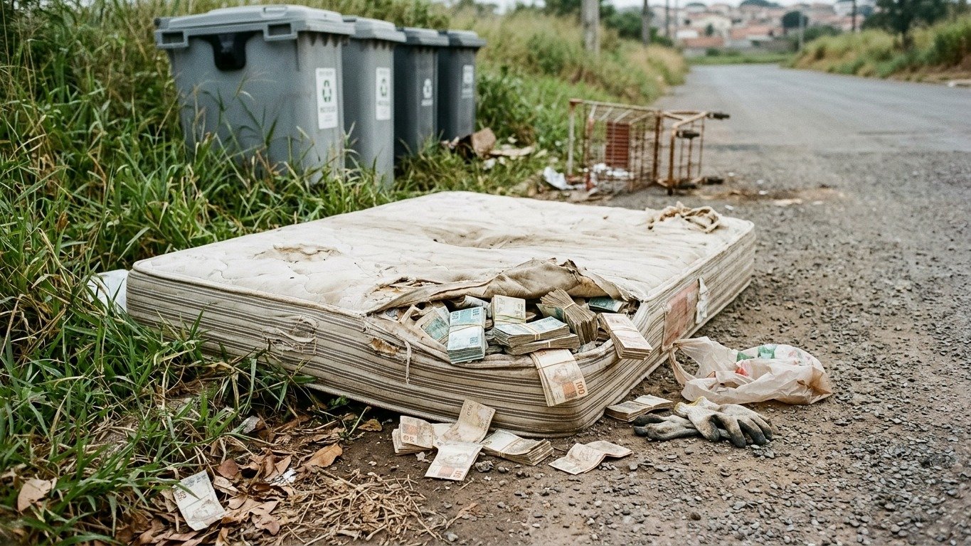 Colch&atilde;o descartado com dinheiro escondido remete &agrave; hist&oacute;ria de uma busca desesperada por fortuna em dep&oacute;sitos de lixo em Israel -  (crédito: Imagem ilustrativa gerada por IA)