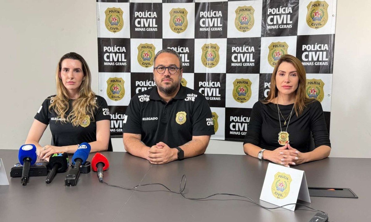 Delegada Ana Luiza Abreu, responsável pela investigação; delegado Guilherme Costa, chefe do Departamento de Família, e delegada Larissa Mascotte, chefe da Divisão Especializada em Atendimento à Mulher de BH - (crédito: PCMG/Divulgação)
