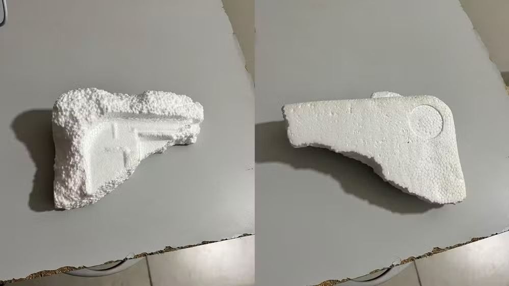 Pol&iacute;cia apreendeu peda&ccedil;o de isopor que o homem usou para simular arma e roubar carro em posto de gasolina -  (crédito: Reprodu&ccedil;&atilde;o / /JP Agora)