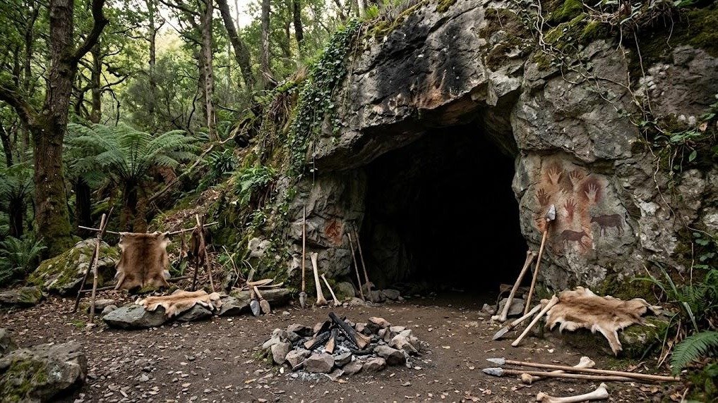 A entrada de uma caverna cenogr&aacute;fica com pinturas rupestres e objetos recria a organiza&ccedil;&atilde;o dos espa&ccedil;os dom&eacute;sticos paleol&iacute;ticos em locais como La Garma -  (crédito: Imagem Ilustrativa de IA)