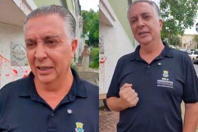 Prefeito de Belo Horizonte, Álvaro Damião, visita a esquina do Clube da Esquina, alvo de vandalismo na madrugada desta sexta-feira (23/10), no bairro Santa Tereza. -  (crédito: Maria Lúcia Passos/EM/D.A Press)