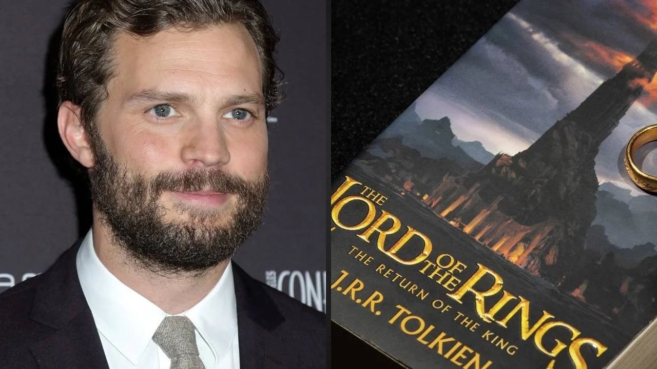 Jamie Dornan, que viver&aacute; uma vers&atilde;o jovem de Aragorn, ao lado da capa de um livro da saga O Senhor dos An&eacute;is -  (crédito: (Cr&eacute;ditos: depositphotos.com / Jean_Nelson/ Juan Alejandro Bernal R)