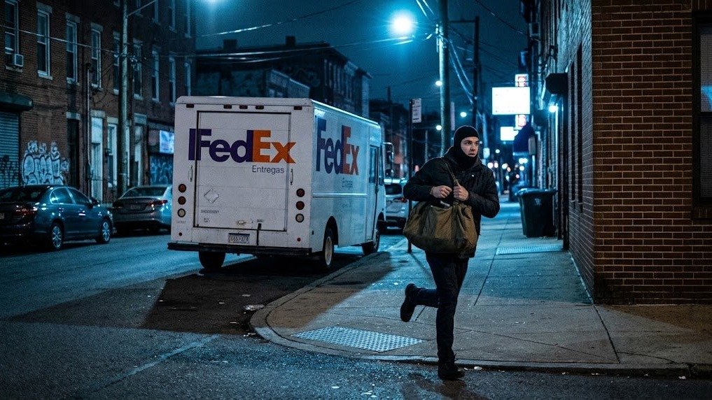 Cena ilustra a din&acirc;mica de roubos envolvendo ve&iacute;culos de entrega, ecoando o furto de cartas colecion&aacute;veis de um caminh&atilde;o FedEx na Calif&oacute;rnia -  (crédito: Imagem Ilustrativa de IA)