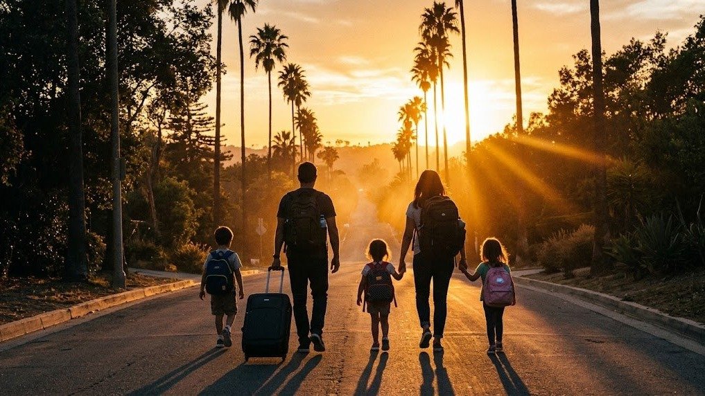 Fam&iacute;lia se desloca a p&eacute; para nova jornada humanit&aacute;ria pela &Aacute;sia, transportando apenas mochilas para o percurso -  (crédito: Imagem Ilustrativa de IA)