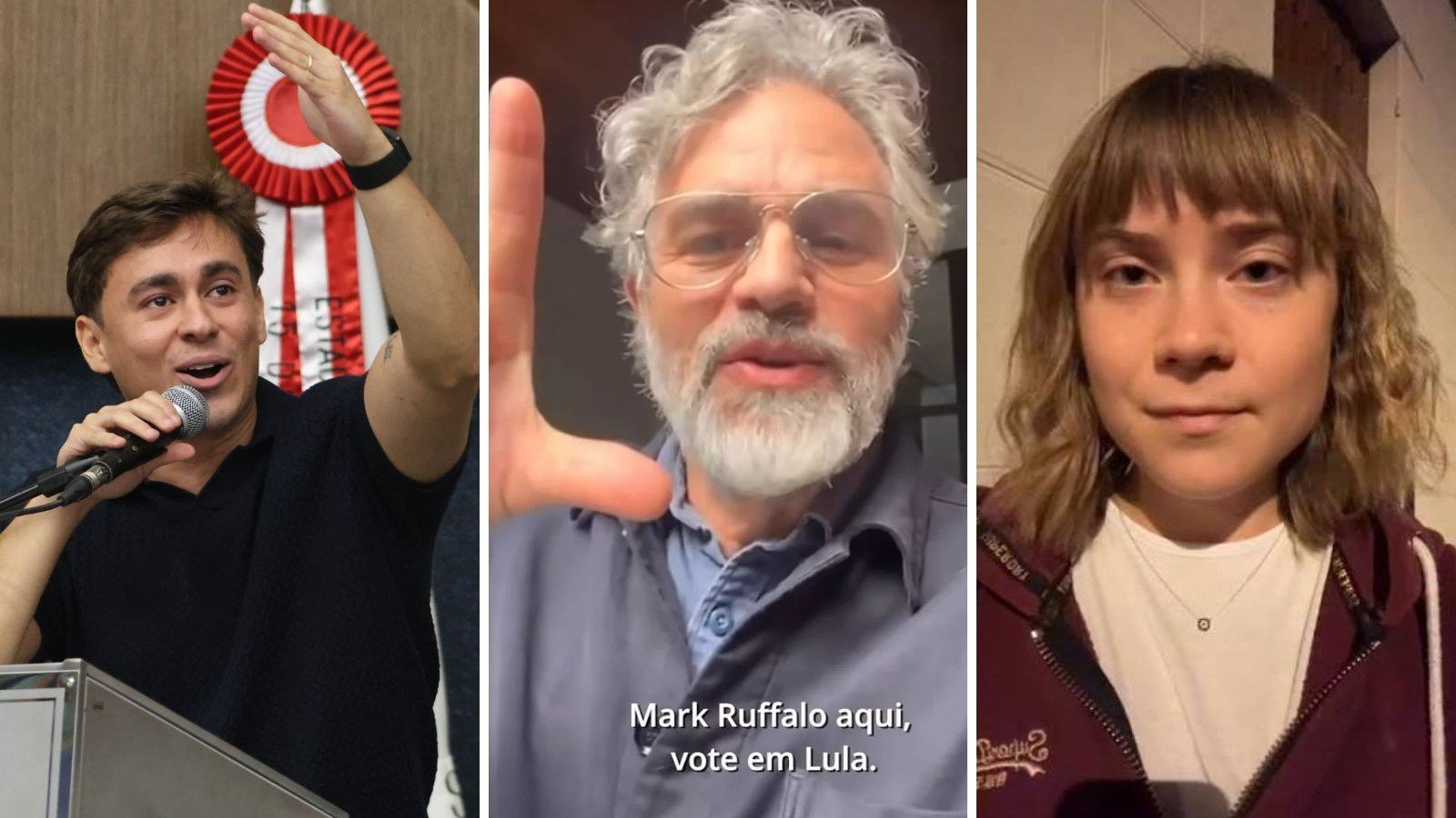Apoio de Mark Ruffalo e Greta Thunberg a Lula em v&iacute;deo &eacute; ironizado por Nikolas Ferreira, que est&aacute; &agrave; esquerda -  (crédito: Marcos Vieira / EM / Redes sociais)