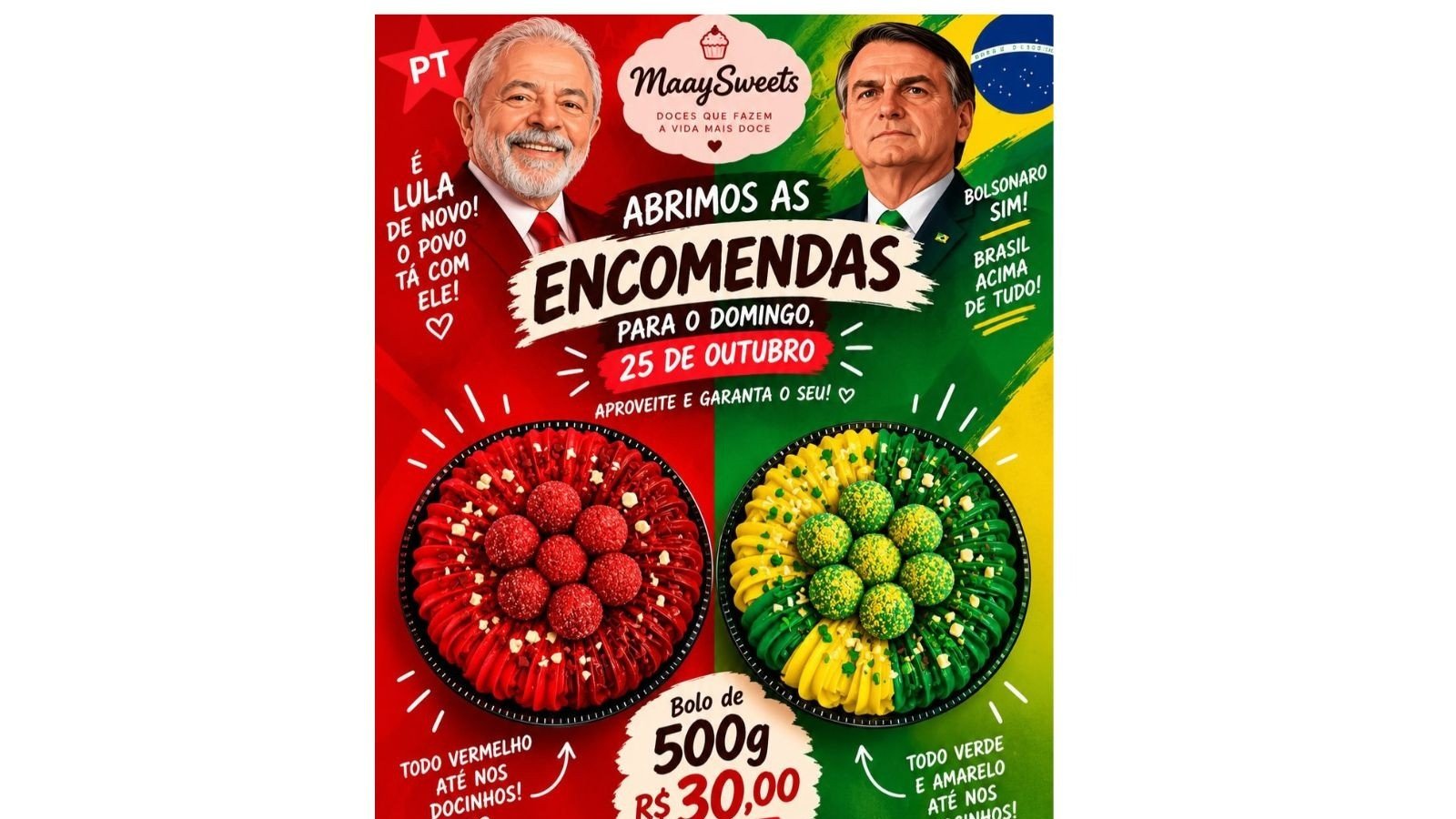 Confeiteira viraliza ao lan&ccedil;ar kits de doces tem&aacute;ticos com as cores dos candidatos &agrave; presid&ecirc;ncia para o segundo turno das elei&ccedil;&otilde;es -  (crédito: Redes sociais)