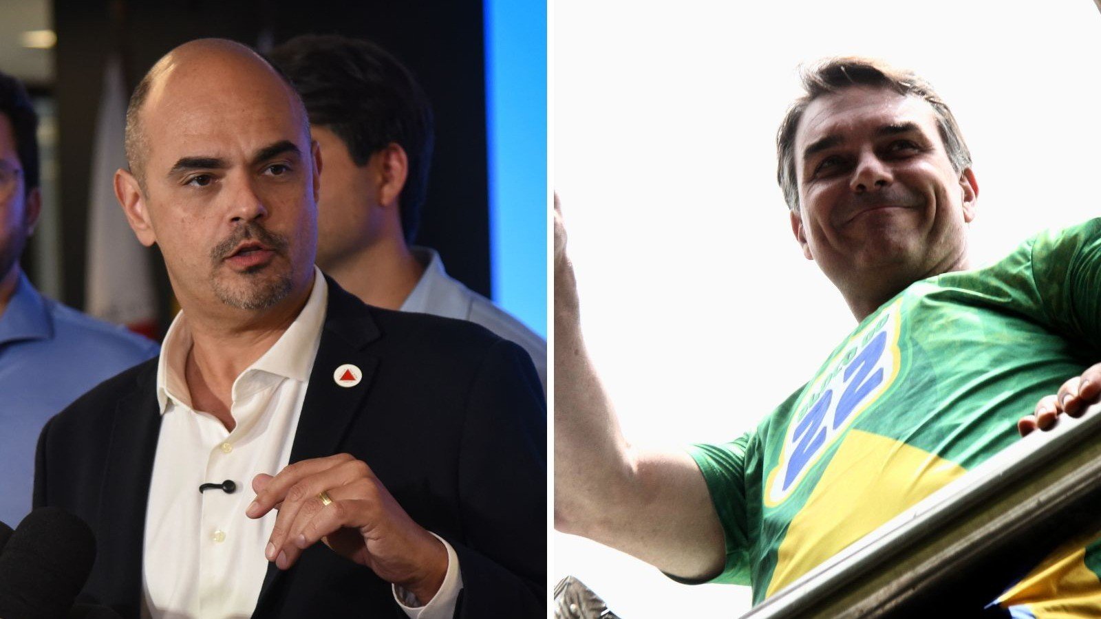 Mateus Sim&otilde;es (esq.) declarou apoio &agrave; candidatura de Fl&aacute;vio Bolsonaro (dir.) &agrave; Presid&ecirc;ncia da Rep&uacute;blica -  (crédito: Gladyston Rodrigues / Jair Amaral / EM / DA Press)