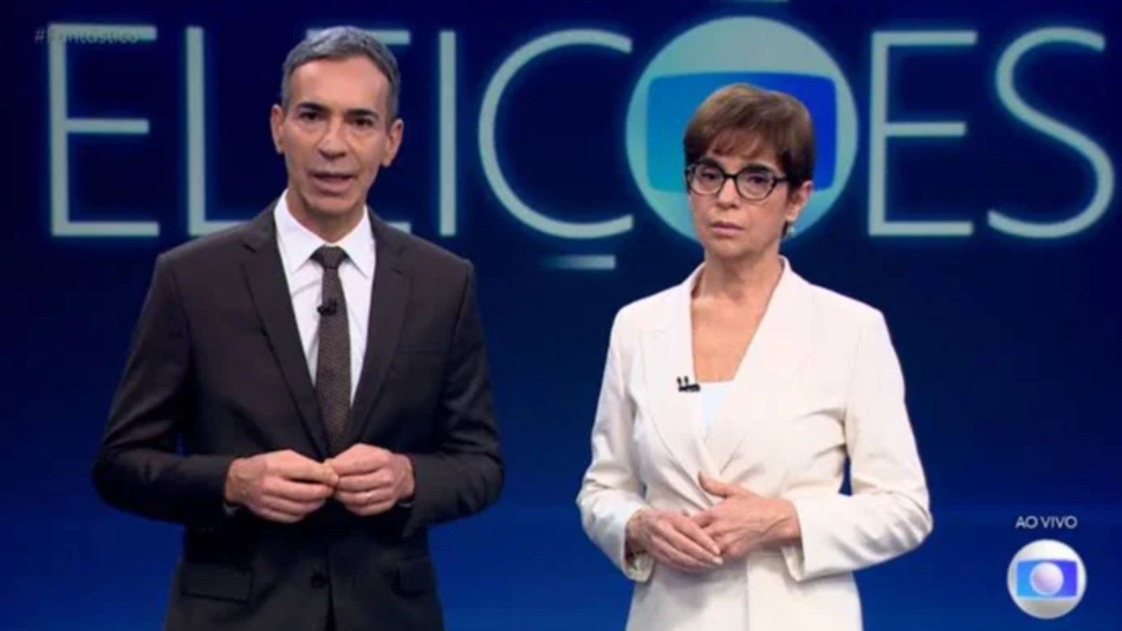 C&eacute;sar Tralli e Renata Lo Prete durante a transmiss&atilde;o do segundo turno das elei&ccedil;&otilde;es presidenciais, cuja condu&ccedil;&atilde;o dividiu a opini&atilde;o do p&uacute;blico. -  (crédito: TV Globo)