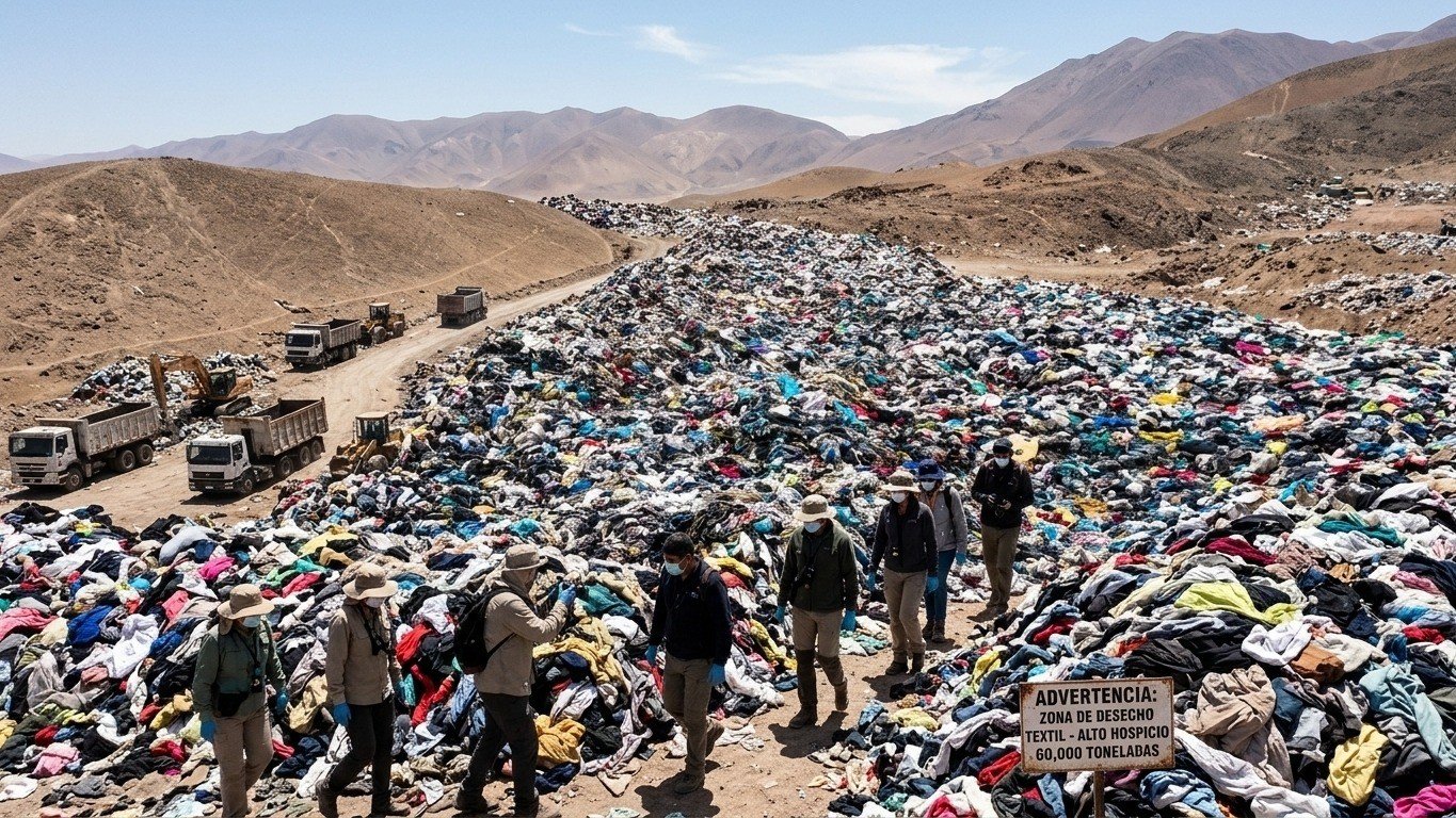 A montanha de 60 mil toneladas de res&iacute;duos t&ecirc;xteis no deserto do Atacama, no Chile, vis&iacute;vel at&eacute; do espa&ccedil;o, &eacute; um alerta global -  (crédito: (imagem ilustrativa gerada por IA))