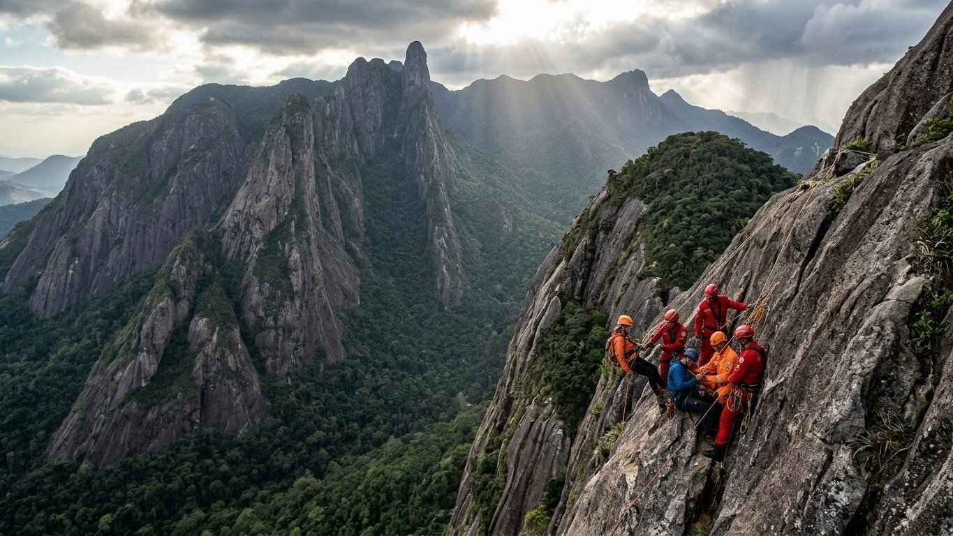 Opera&ccedil;&otilde;es de resgate em montanhas como a que salvou dois escaladores na Espanha exigem equipes especializadas e equipamentos apropriados -  (crédito: (imagem ilustrativa gerada por IA))