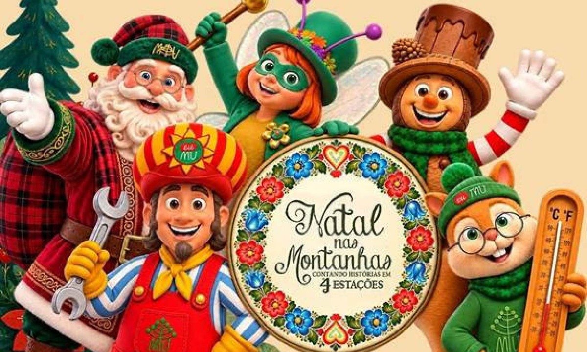 Em sentido hor&aacute;rio, Papai Noel e as mascotes Vagalume Anita, Floquinho, Esquilo Nelson e Maquinista de Luz