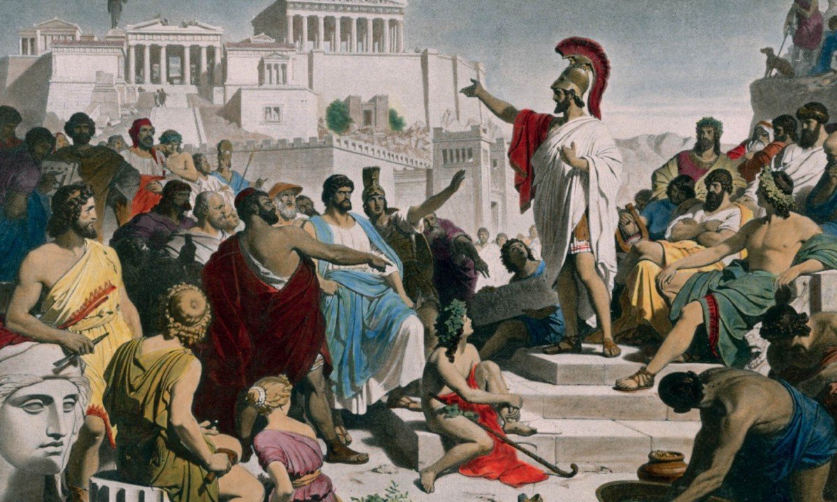 Obra de Philipp Foltz, 'O discurso fúnebre de Péricles' retrata o funcionamento da democracia ateniense -  (crédito: Philipp Foltz/Reprodução)