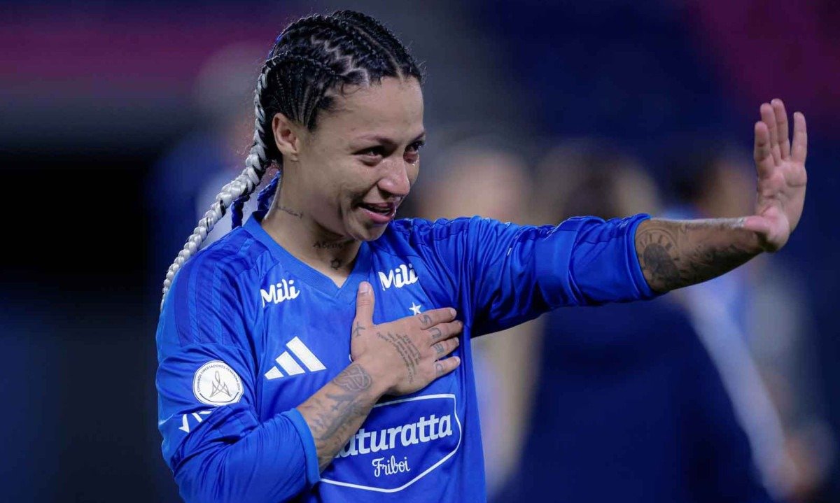 Byanca Brasil se emociona ao comemorar a vitória celeste sobre o Libertad-PAR, nas quartas de final da Copa Libertadores -  (crédito: Staff Images Woman/CONMEBOL)