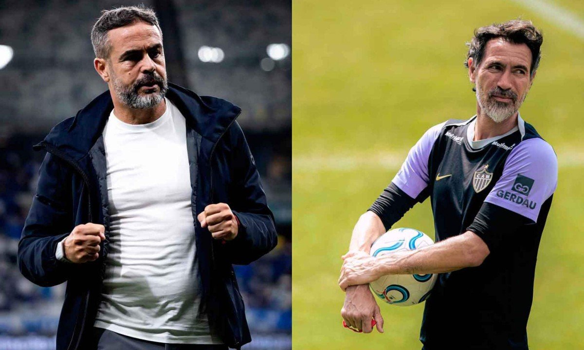 Os técnicos Artur Jorge, do Cruzeiro, E Eduardo Domínguez, do Atlético, vão ficar novamente cara a cara nesta quinta-feira (28/10)
 -  (crédito: Gustavo Aleixo/Cruzeiro - Pedro Souza / Atlético)