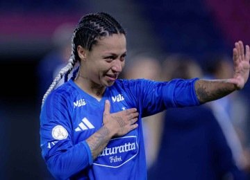 Byanca Brasil se emociona ao comemorar a vitória celeste sobre o Libertad-PAR, nas quartas de final da Copa Libertadores -  (crédito: Staff Images Woman/CONMEBOL)