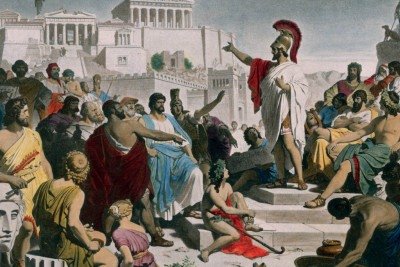Obra de Philipp Foltz, 'O discurso fúnebre de Péricles' retrata o funcionamento da democracia ateniense -  (crédito: Philipp Foltz/Reprodução)