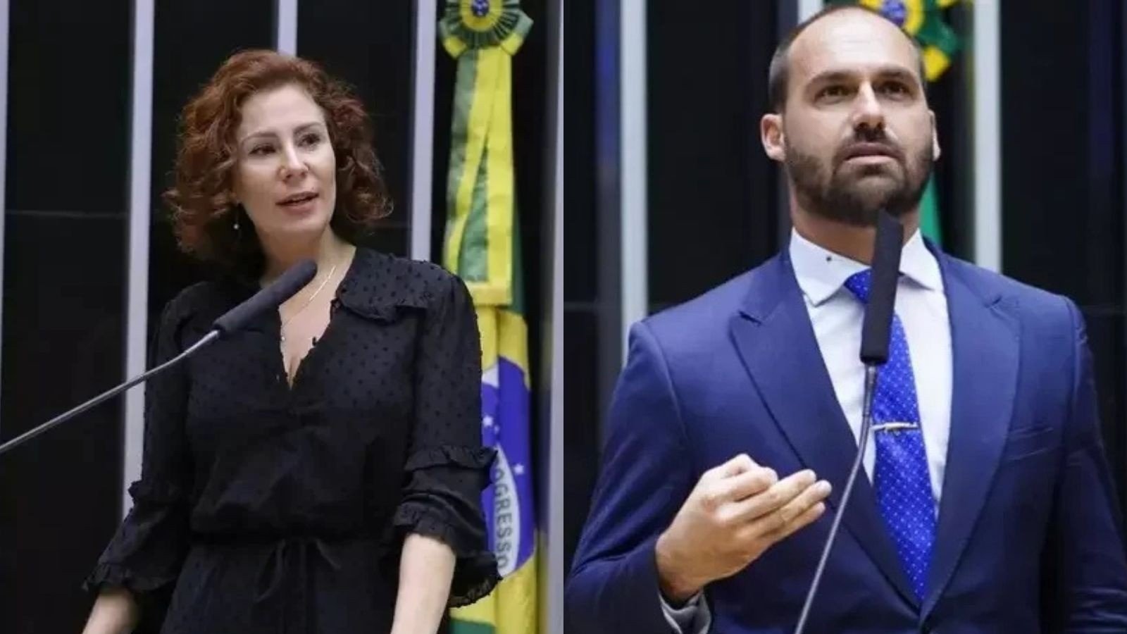 Carla Zambelli e Eduardo Bolsonaro s&atilde;o alguns dos pol&iacute;ticos bolsonaristas que deixaram o Brasil ap&oacute;s problemas com a Justi&ccedil;a -  (crédito:  Michel Jesus/C&acirc;mara dos Deputados // Pablo Valadares/C&acirc;mara dos Deputados)