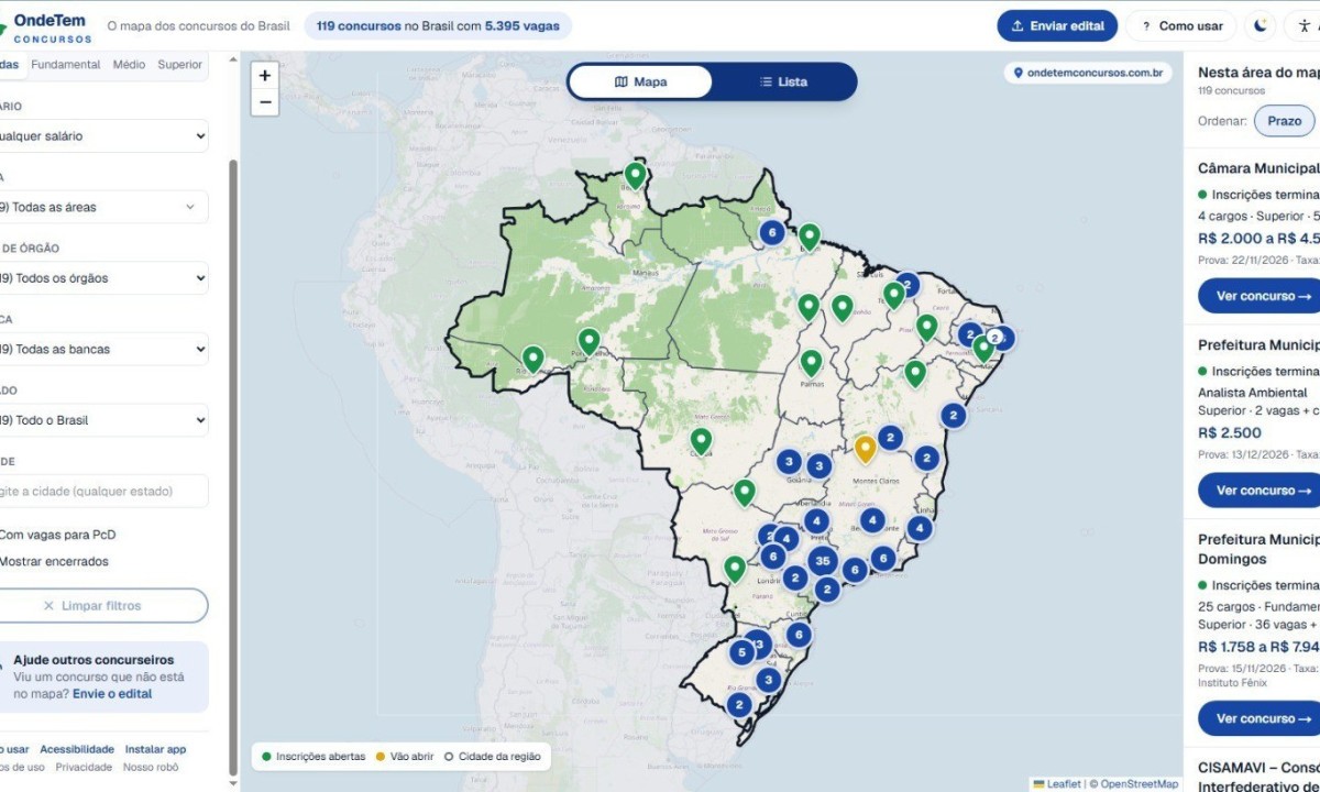 A plataforma gratuita Onde Tem Concursos facilita a busca por vagas no setor público com um mapa interativo e filtros detalhados - (crédito: Reprodução/Onde Tem Concurso)