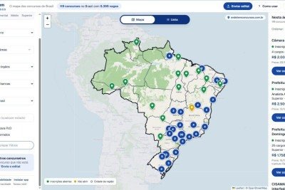 A plataforma gratuita Onde Tem Concursos facilita a busca por vagas no setor p&uacute;blico com um mapa interativo e filtros detalhados -  (crédito: Reprodu&ccedil;&atilde;o/Onde Tem Concurso)