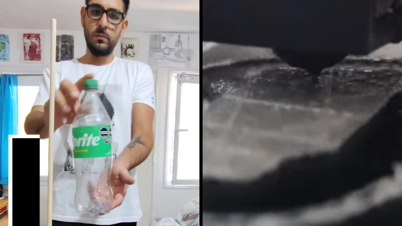 Francisco Martinenghi demonstra o processo de transforma&ccedil;&atilde;o de garrafas pl&aacute;sticas em filamento para impress&atilde;o 3D -  (crédito: (Reprodu&ccedil;&atilde;o/Instagram))