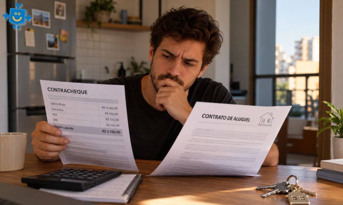Pessoa sentada à mesa da cozinha comparando um contracheque com um contrato de aluguel, com chaves de apartamento ao lado. -  (crédito: Reprodução Educando seu Bolso)