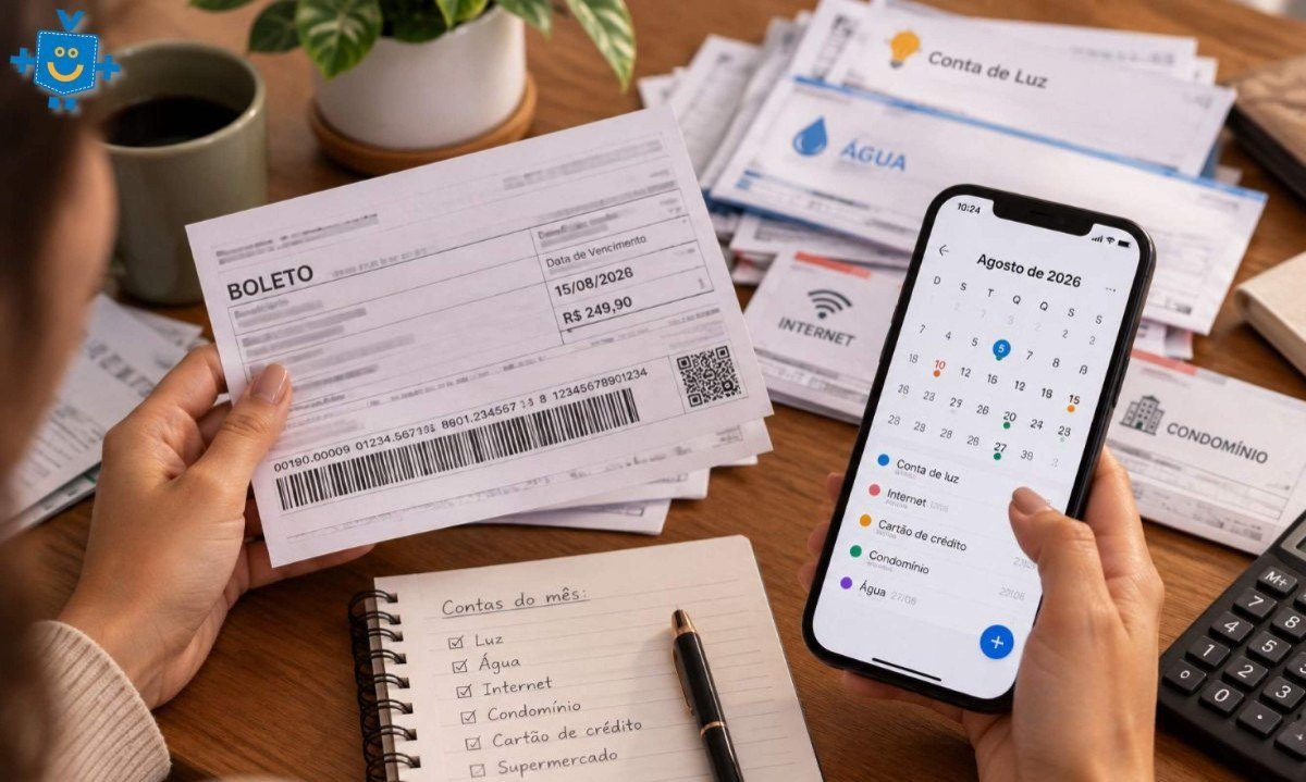 Mão segurando um celular com um aplicativo bancário genérico que exibe um grande botão de oferta de crédito, sobre uma mesa com contas a pagar. -  (crédito: Reprodução Educando seu Bolso)