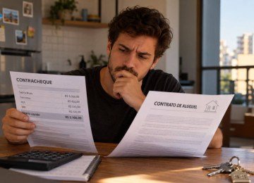Pessoa sentada à mesa da cozinha comparando um contracheque com um contrato de aluguel, com chaves de apartamento ao lado. -  (crédito: Reprodução Educando seu Bolso)