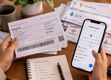 Mão segurando um celular com um aplicativo bancário genérico que exibe um grande botão de oferta de crédito, sobre uma mesa com contas a pagar. -  (crédito: Reprodução Educando seu Bolso)