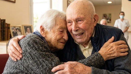 Os centen&aacute;rios Madeleine e Justin se reencontram em um momento de pura emo&ccedil;&atilde;o e recorda&ccedil;&atilde;o de suas inf&acirc;ncias compartilhadas -  (crédito: (imagem ilustrativa gerada por IA))