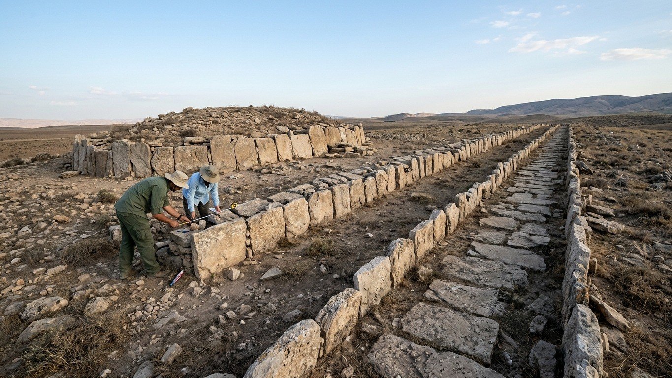 Arque&oacute;logos medem a tumba de pedra de 54,5 metros no Saara Ocidental, cuja data&ccedil;&atilde;o revelou mais de 4 mil anos -  (crédito: Imagem ilustrativa gerada por IA)