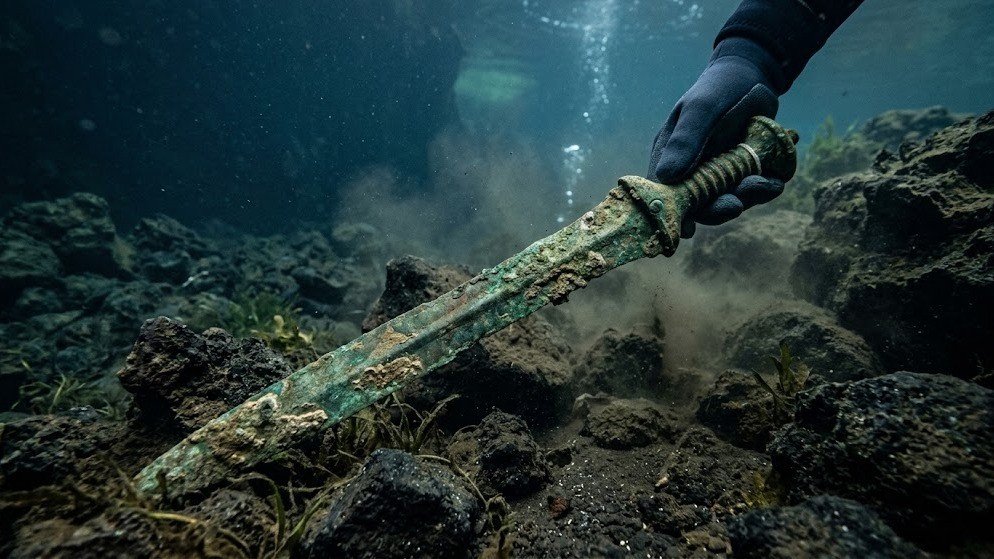 Espada de 3.300 anos é recuperada no fundo de um lago vulcânico na Itália, mas o que ela preserva após tantos séculos chama atenção na descoberta arqueológica - (Imagem ilustrativa gerada por IA)
