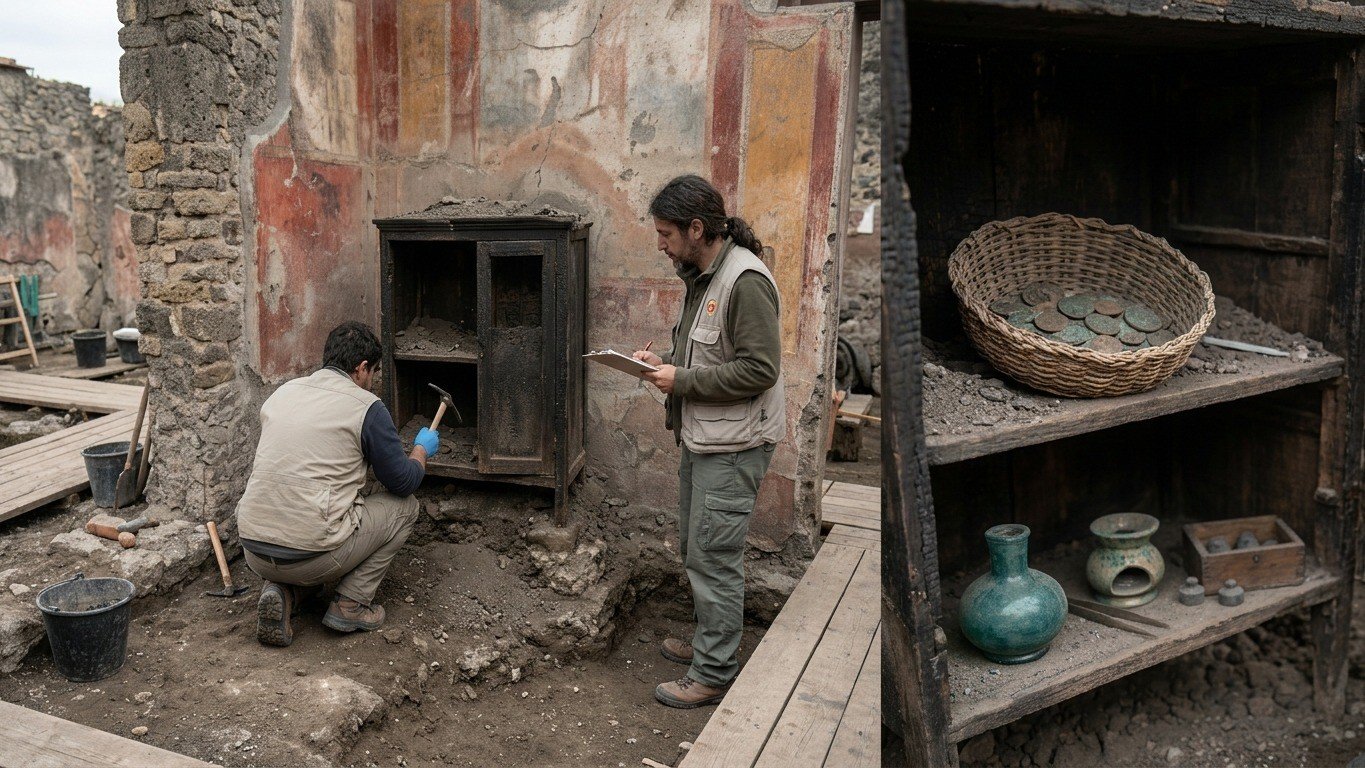 Escava&ccedil;&otilde;es em Pompeia revelam arm&aacute;rio com moedas e objetos do cotidiano, detalhando a vida romana antes da erup&ccedil;&atilde;o do Ves&uacute;vio -  (crédito: Imagem ilustrativa gerada por IA)