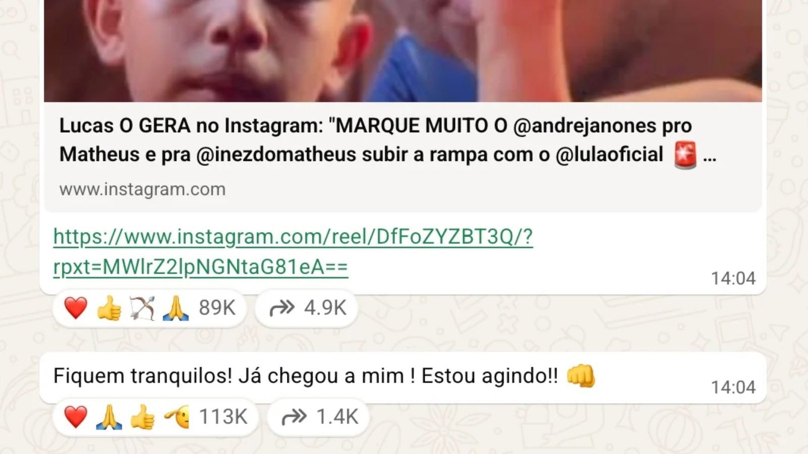 Janones usa canal no WhatsApp para tranquilizar apoiadores sobre caso Matheus -  (crédito: Reprodu&ccedil;&atilde;o/Whatsapp)