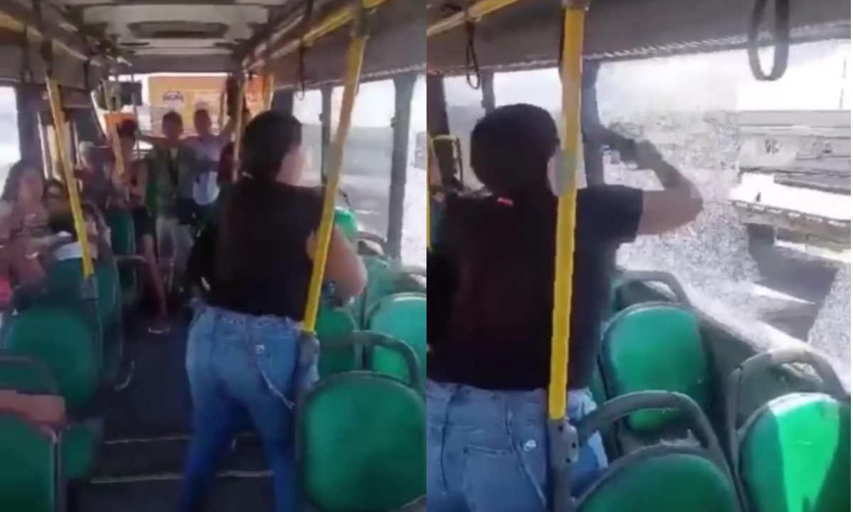 Mulher quebra janela de ônibus por causa do calor -  (crédito: Reprodução/TV Globo)