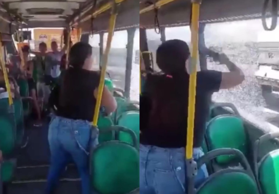 Mulher quebra janela de ônibus por causa do calor -  (crédito: Reprodução/TV Globo)