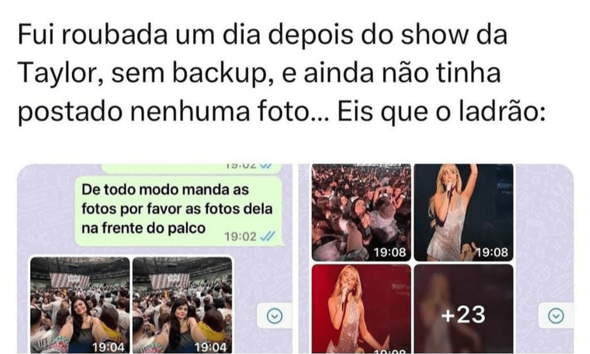 Ladrão envia fotos do show de Taylor Swift depois de assaltar fã da cantora -  (crédito: Reprodução/Redes sociais)