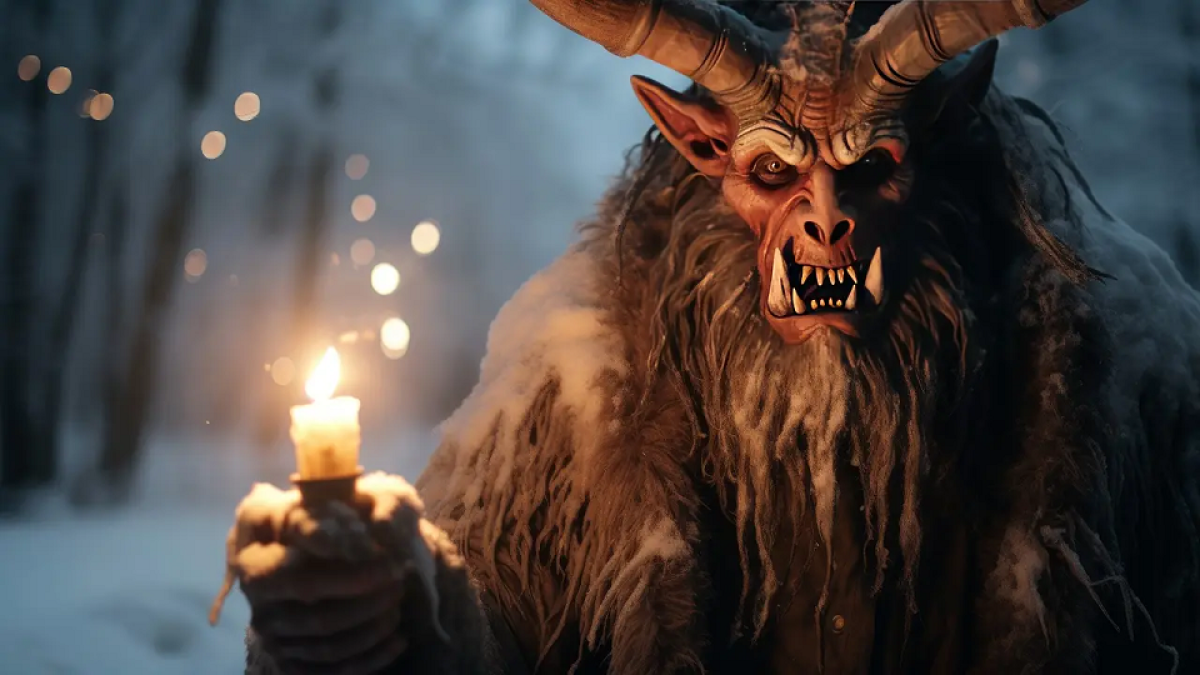 O Krampus, figura mitológica do Yule. Ele possui o corpo coberto por pelos, chifres e presas