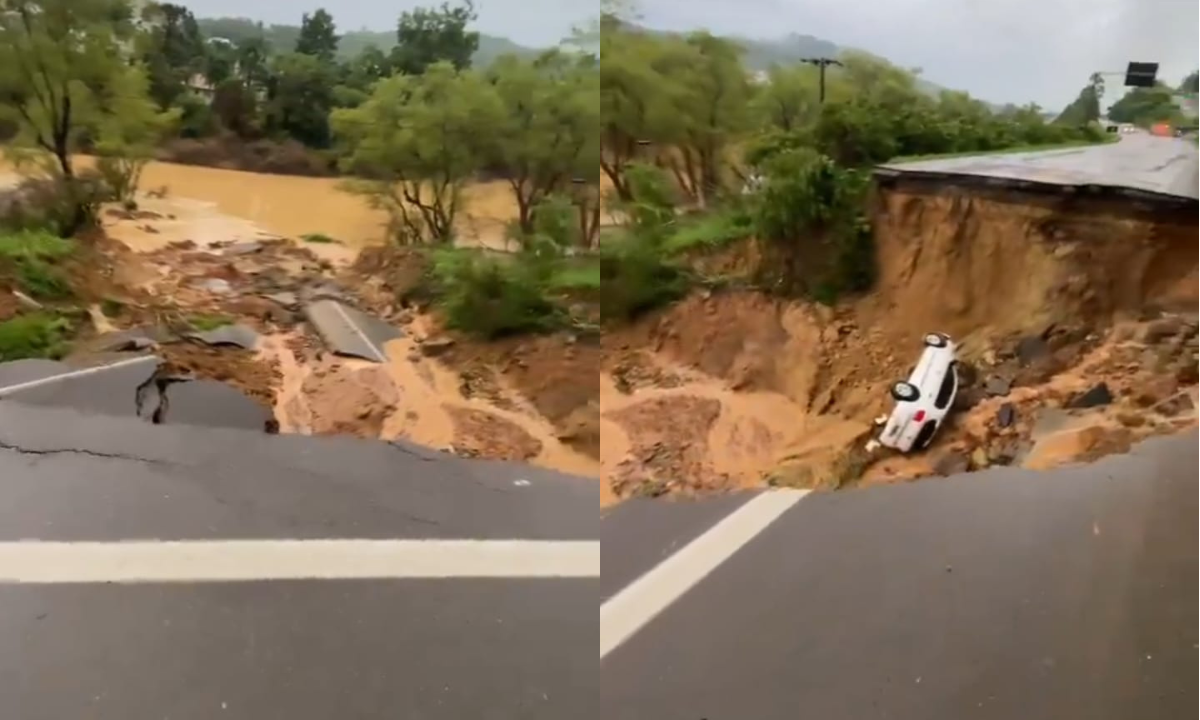 Imagens que circulam nas redes sociais mostram um carro caído na cratera aberta na rodovia -  (crédito: Reprodução/Redes sociais)