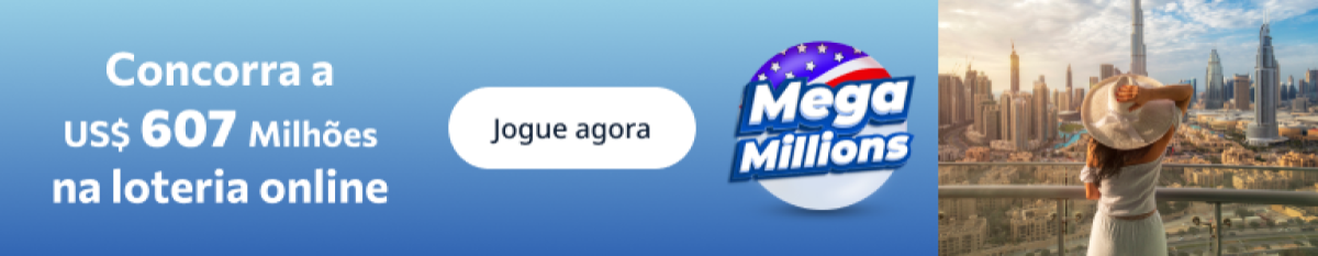 Banner de divulgação do prêmio de 607 milhões de dólares sorteado pela Mega Millions