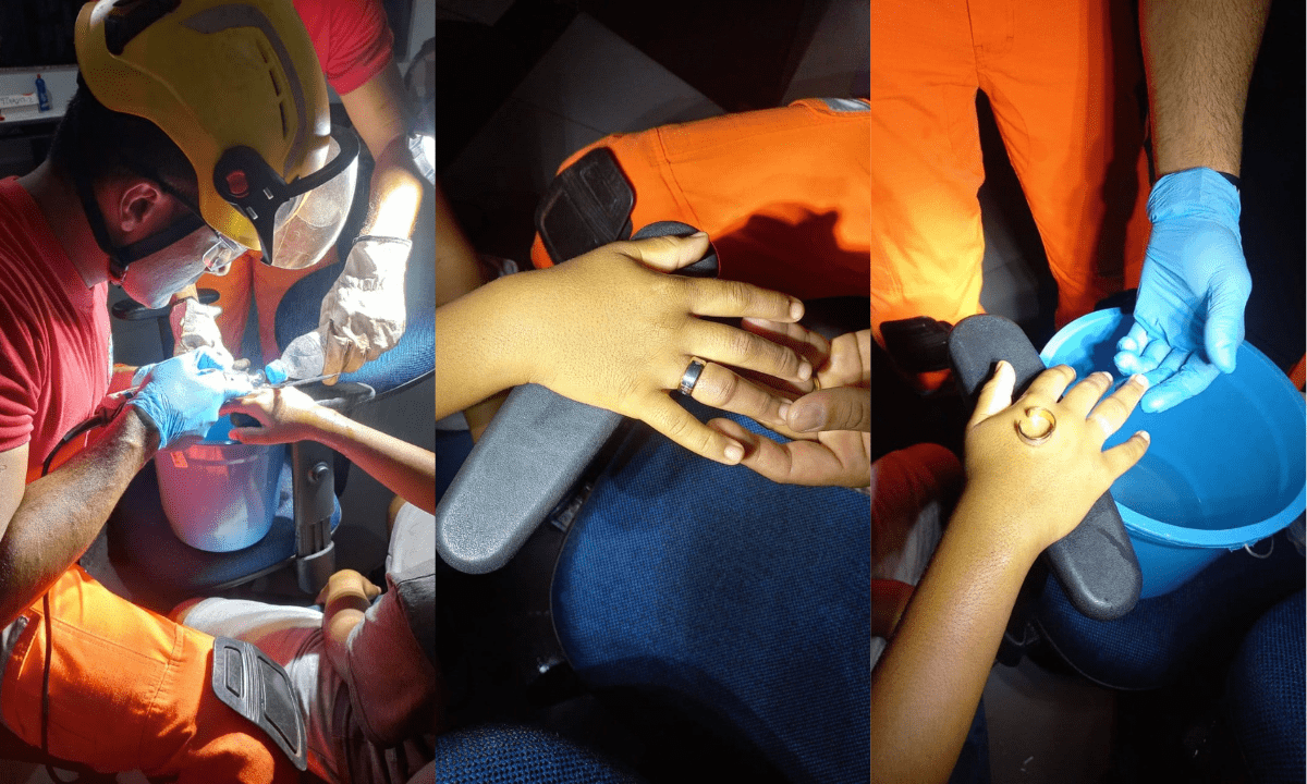 Bombeiros retiram anel que estrangulava dedo de criança em Ituiutaba
 -  (crédito: CBMMG)