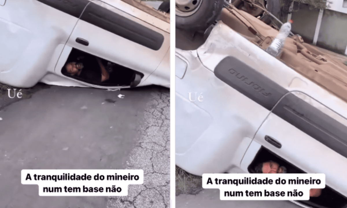 Motorista que capotou o carro aguardava tranquilamente dentro do veículo a chegada do guincho -  (crédito: Reprodução / redes sociais)