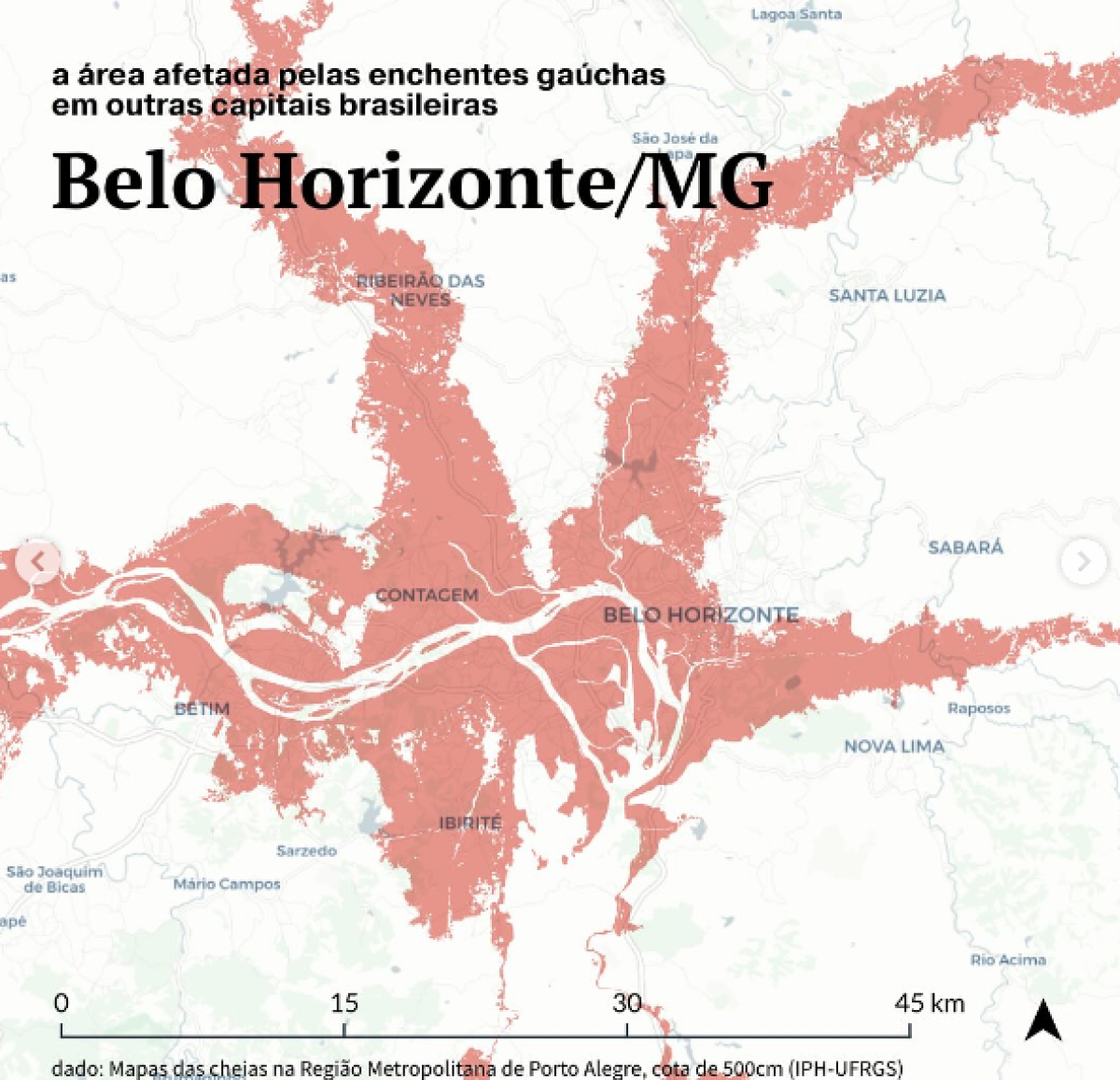 Mapa simula qual seria o impacto da inundação de Porto Alegre em BH