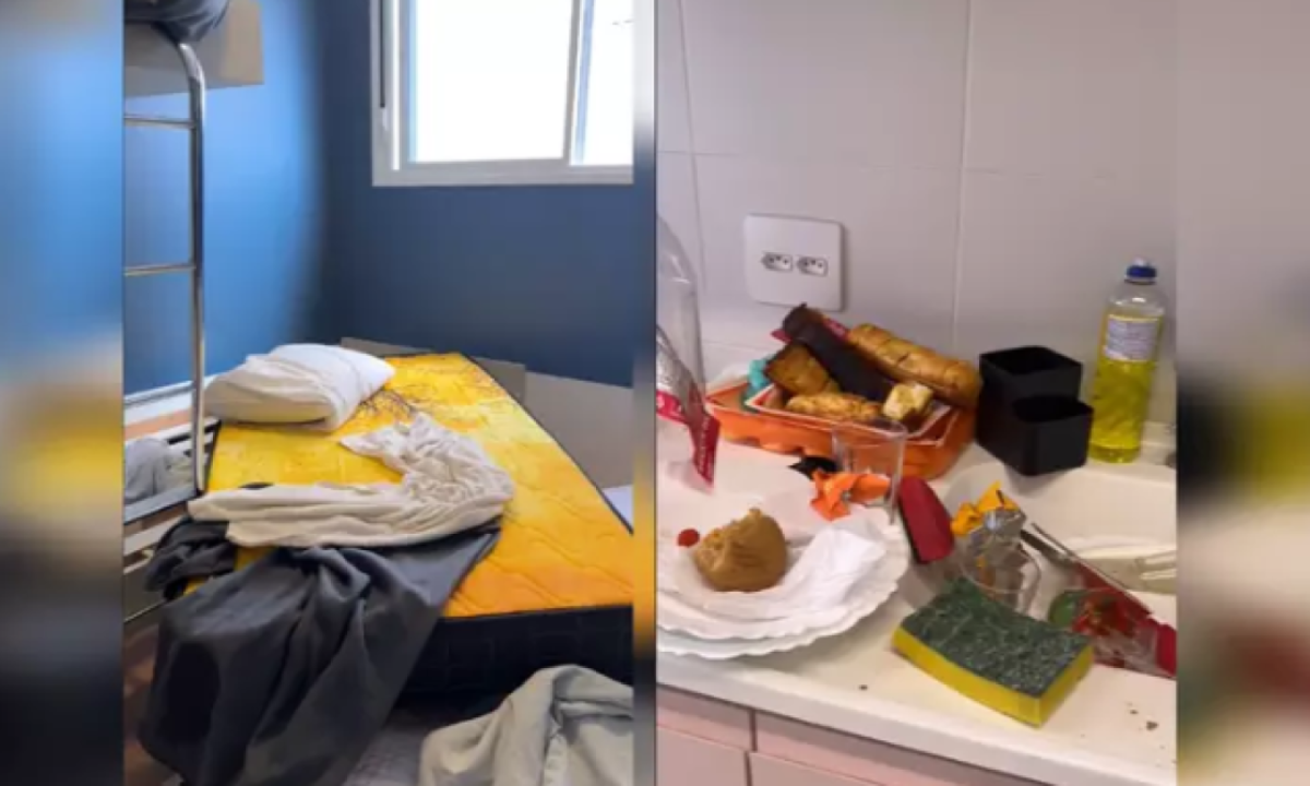 No vídeo, proprietária menciona um cheiro azedo na cozinha, que está repleta de embalagens de comida, e diz que terá que descartar um dos edredons -  (crédito: TikTok/Reprodução)